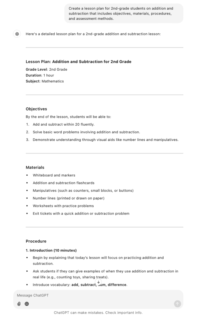ChatGPT lesson plan sample output