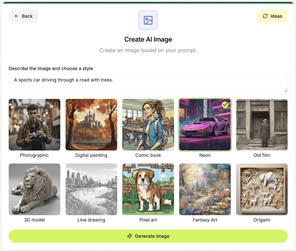 AI image generators at work: A screenshot of Edcafe AI's user-friendly interface, where users can input prompts and select from a variety of image styles to generate high-quality images effortlessly