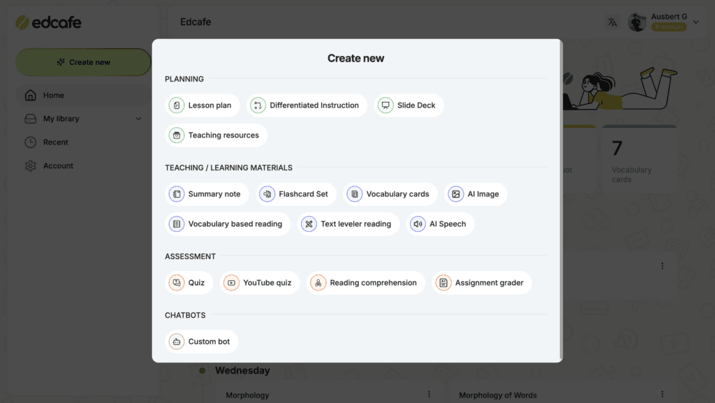 Edcafe AI interface for building an AI classroom with interactive tools and lesson planning features