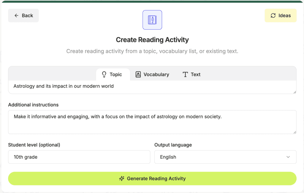 designing a differentiated reading instruction with Edcafe AI using a leveled passage