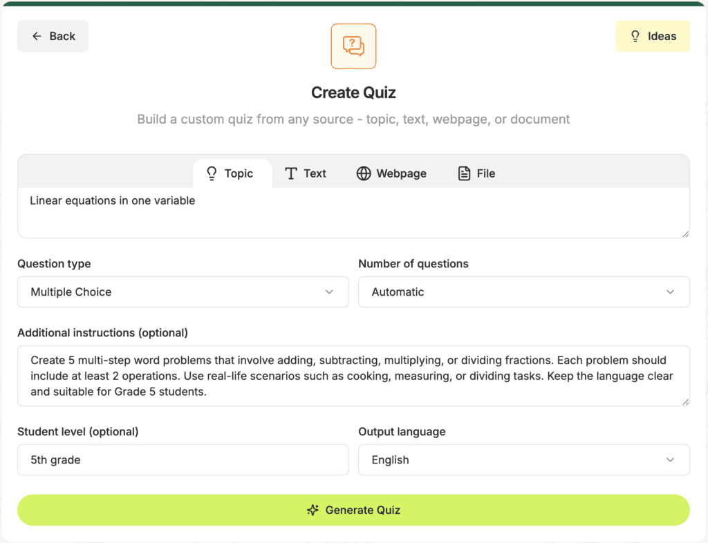 Math word problems creation with Edcafe AI's quiz generator