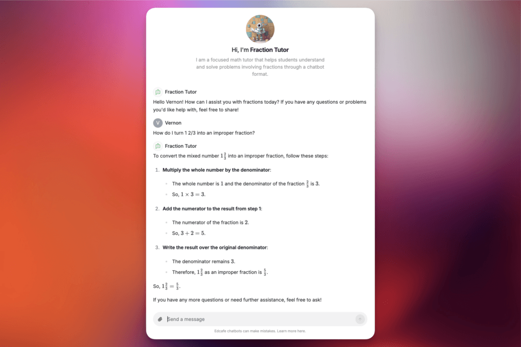 ai math tutor created with Edcafe AI sample chat session