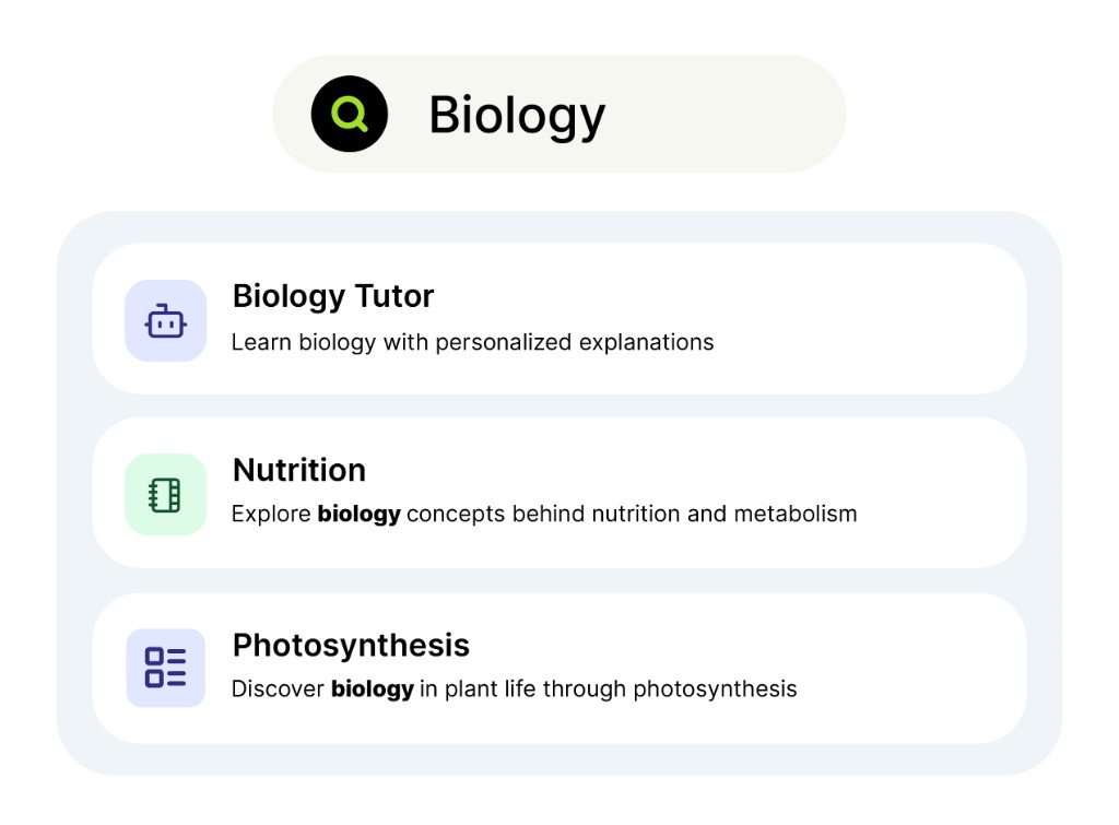 Quick search for Biology showing Biology Tutor, Nutrition, and Photosynthesis results with highlighted matches